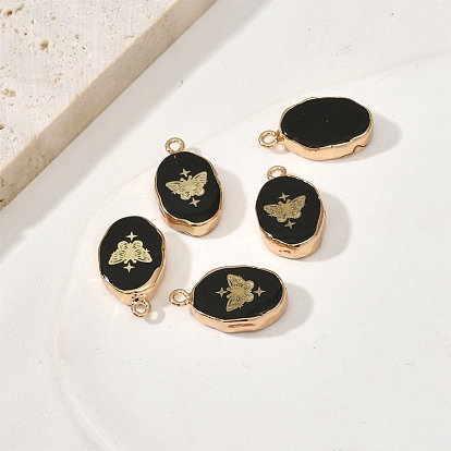 Natural Black Quartz Crystal Dyed Pendants, Oval Charms with Light Gold Tone Butterfly Slice