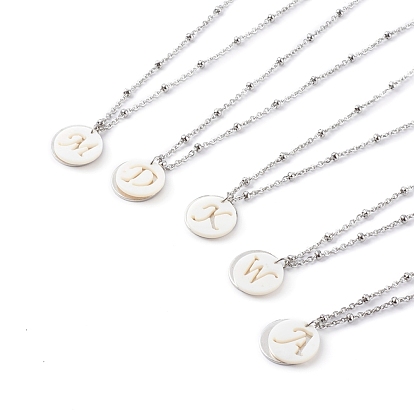 Natural Shell Initial Necklaces, Pendant Necklaces, with 304 Stainless Steel Satellite Chains, Flat Round with Letter, White