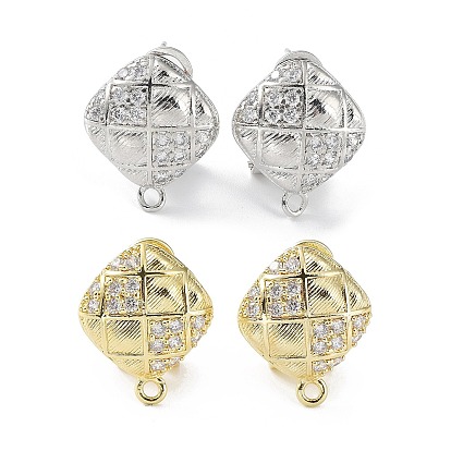 Серьги-гвоздики из латуни с микропаве в форме ромба и кубического циркония, с горизонтальными петлями, без кадмия и без свинца