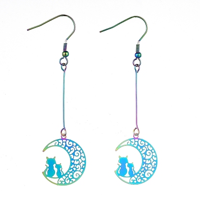 201 Stainless Steel Dangle Earrings, Etched Metal Embellishments, Moon with Cat Shape