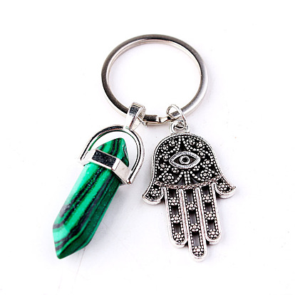 Alloy Hamsa Hand/Hand of Miriam Pendant Keychain, with Natural & Synthetic Gemstone Bullet/Hexagon Prism Pendant