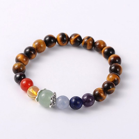 Natural Gemstone Stretch Bracelets, with Tibetan Style Findings, Antique Silver
