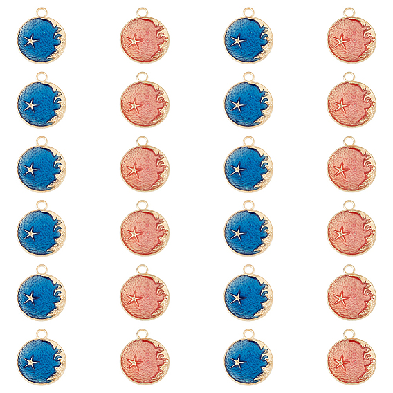 60 шт 2 цвета сплава эмалевые подвески, плоский круглый со звездой и луной, золотые