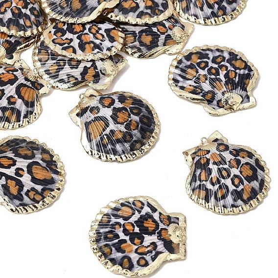 Brass & Natural Shell Pendants, Leopard Print Shell Shape Charms, with Golden Plated Edge