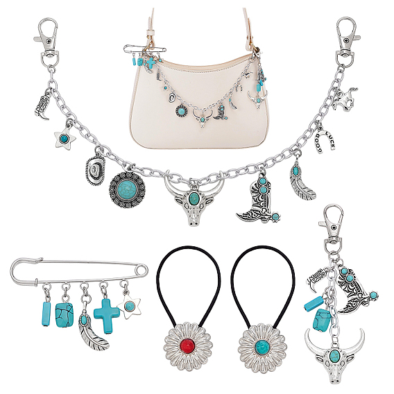 Ensembles de bijoux en alliage, turquoise synthétique et chaînes en aluminium sur le thème du Far West, Chaîne de sac à main, porte-clés, élastique à cheveux et broche, formes mixtes