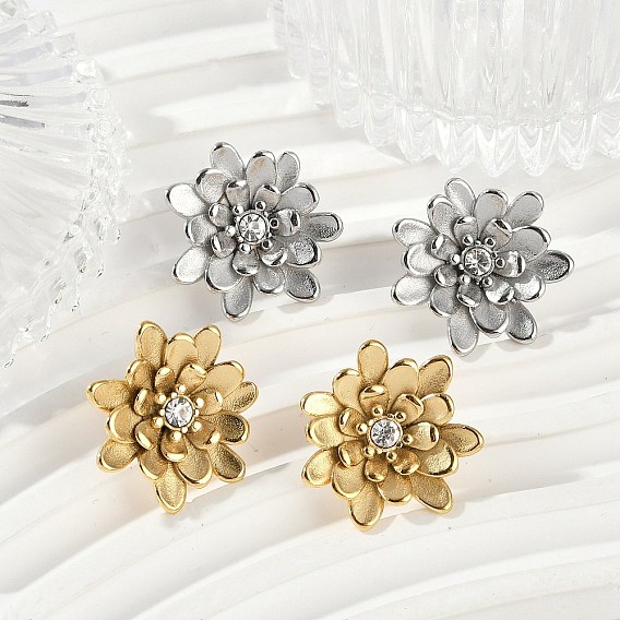 304 серьги-гвоздики из нержавеющей стали с кристаллами и стразами, цветок, ионное покрытие (ip)