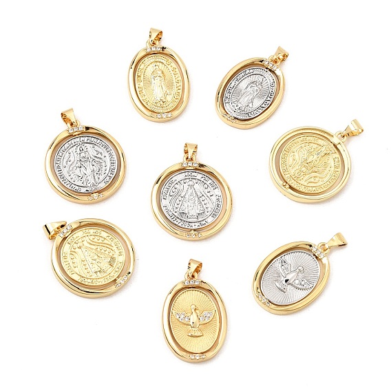 Brass Micro Pave Clear Cubic Zirconia Pendants, Flat Round/Oval Charms