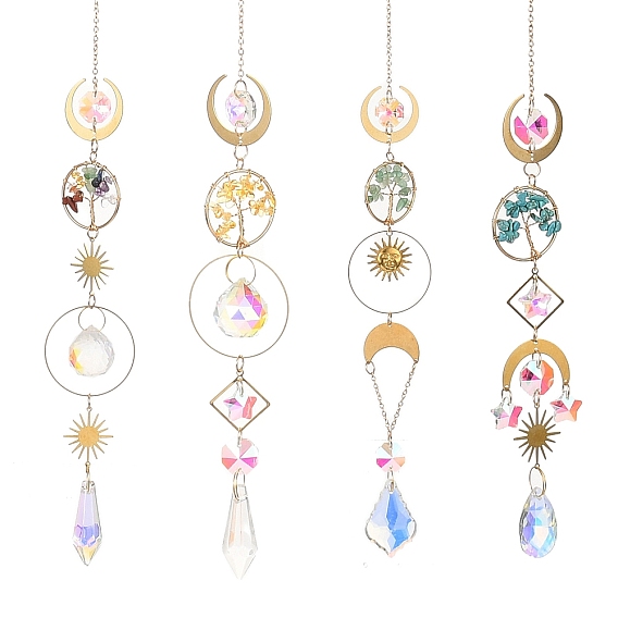 Кольцо из натуральных и синтетических драгоценных камней, обернутое проволокой, с подвеской в виде древа жизни, ловцы солнца с луной и стеклянными кисточками для оконных подвесных украшений