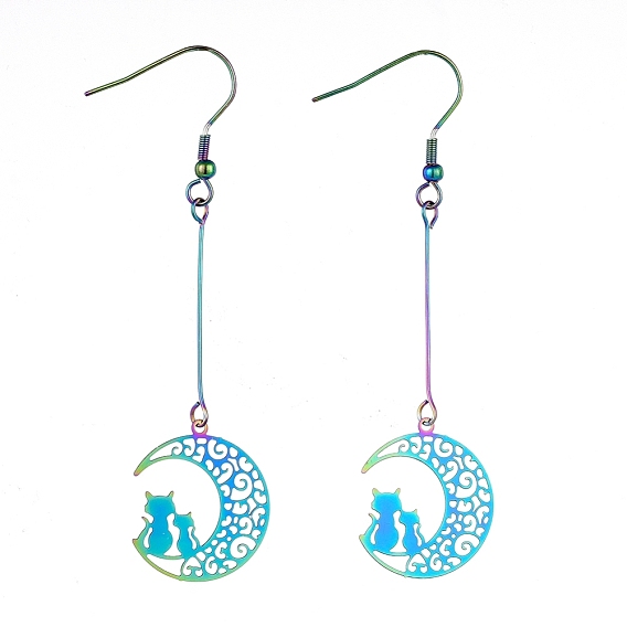 201 Stainless Steel Dangle Earrings, Etched Metal Embellishments, Moon with Cat Shape