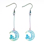 201 Stainless Steel Dangle Earrings, Etched Metal Embellishments, Moon with Cat Shape