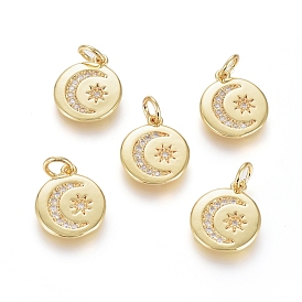 Brass Micro Pave Cubic Zirconia Pendants, with Jump Ring, Long-Lasting Plated, Flat Round with Star & Moon, Real 18K Gold Plated