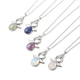 5Pcs 5 Style Natural & Synthetic Mixed Gemstone Angel Pendant Necklaces Set with 304 Stainless Steel Chains for Women