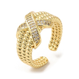 Rack Plating Real 18K Gold Plated Brass Criss Cross Open Cuff Rings, with Cubic Zirconia, Long-Lasting Plated, Lead Free & Cadmium Free