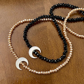 FashFashionable Glass Beaded Necklaces, Natural Shell Crescent Moon Pendant Necklaces