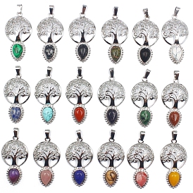 Gemstone Teardrop Pendants, Tree of Life Charms with Platinum Plated Metal Findings
