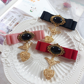Cloth Bowknot with Heart Angel Brooch Pin, Golden Alloy Badge for Collar Clothes