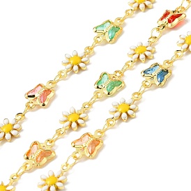 Handmade Brass Enamel Flower & Butterfly Link Chains, with Glass, Long-Lasting Plated, Soldered, with Spool