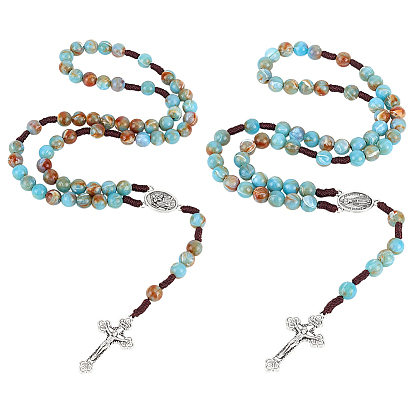 2шт. 10мм круглые акриловые четки, подвеска в виде креста из сплава, посвященная девственнице., голубой