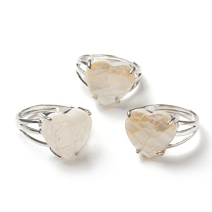Adjustable Natural Shell Finger Rings, with Platinum Plated Brass Findings, Heart