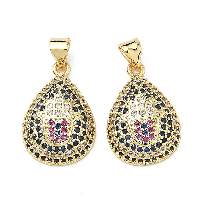 Латунные микро проложить кубического циркония подвески, Подвеска в форме капли с изображением руки Хамса., стойки покрытие, долговечный, без свинца и без кадмия