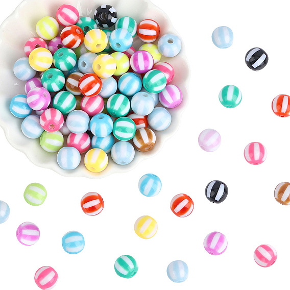 180Pcs Opaque Acrylic Beads, Round with Stripe