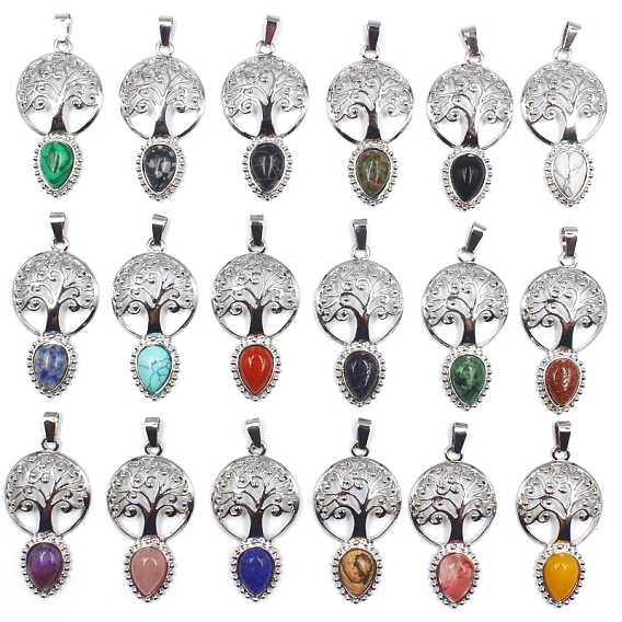 Gemstone Teardrop Pendants, Tree of Life Charms with Platinum Plated Metal Findings