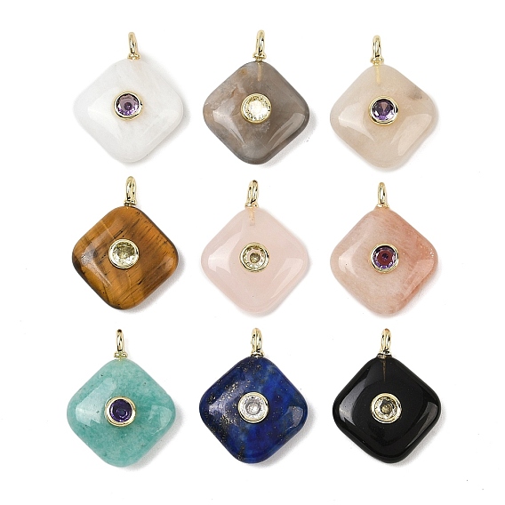 Природных драгоценных камней подвески, Подвески в виде ромбов с золотистой латунной микропаве из кубических цирконий разных цветов