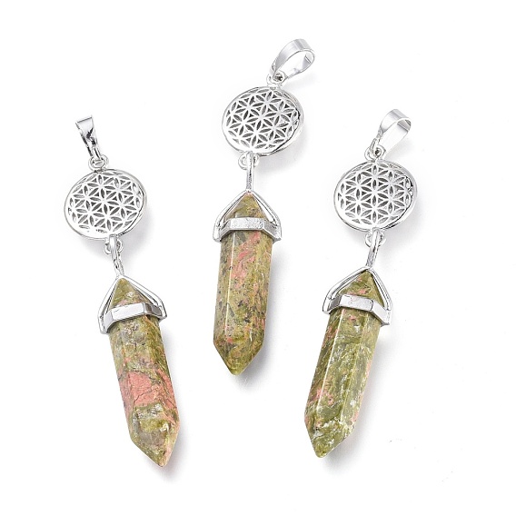 Gemstone Pointed Big Pendants, with Platinum Plated Brass Findings, Faceted, Bullet & Flower of Life
