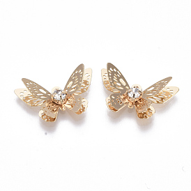 Brass Micro Cubic Zirconia Pendants, Nickel Free, Real 18K Gold Plated, 3D Butterfly