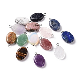 Mixed Gemstone Pendants, Flat Oval Charms, with Stainless Steel Color Tone Stainless Steel Loops