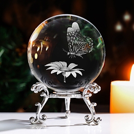 Inner Carving Butterfly & Flwoer Glass Crystal Ball Diaplay Decoration, Fengshui Home Decor