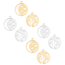 Unicraftale 201 Stainless Steel Laser Cut Pendants, Star with Moon & Flat Round with Cactus