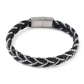 Black Braided Leather Cord Bracelets, with 304 Stainless Steel Magnetic Clasps, for Men Women