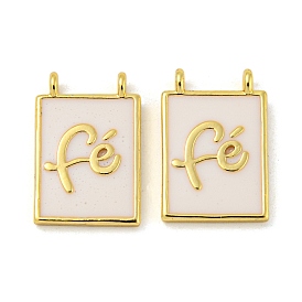 Rack Plating Brass Enamel Pendants, Long-Lasting Plated, Lead Free & Cadmium Free, Rectangle with Word Fe Charm, Real 18K Gold Plated