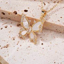 Fashionable Brass Pave Clear Cubic Zirconia Butterfly Pendant Necklaces for Women, Elegant and Stylish Jewelry Accessory