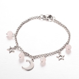 Mond & Sterne Edelstahl-Edelstein-Charme Armbänder, mit Karabiner verschlüsse, 7-1/4 Zoll (185 mm)