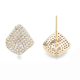 Brass Micro Pave Clear Cubic Zirconia Stud Earring Findings, Fan, with Vertical Loops, Cadmium Free & Nickel Free & Lead Free