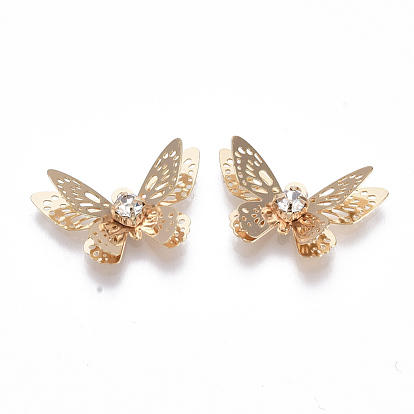 Brass Micro Cubic Zirconia Pendants, Nickel Free, Real 18K Gold Plated, 3D Butterfly