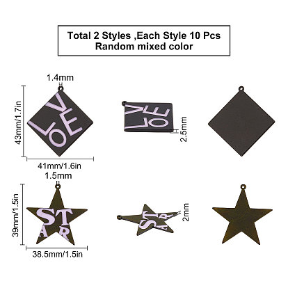 SUNNYCLUE 20Pcs 2 Style Spray Painted Cellulose Acetate(Resin) Pendants, Star with Word Star & Rhombus with Word Love