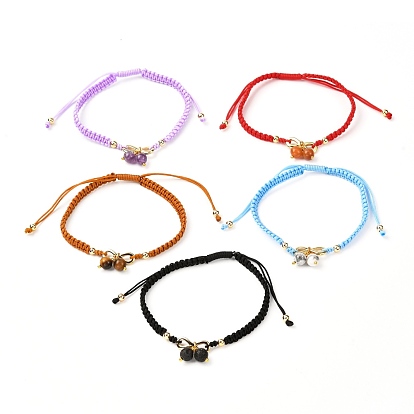 Verstellbare geflochtene Armbänder aus natürlichen Edelsteinen, mit Messing-Perlen