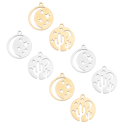 201 Stainless Steel Laser Cut Pendants, Star with Moon & Flat Round with Cactus