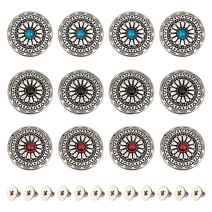 12 наборы 3 цвета сплав и имитация бирюзы ремесло цельный винт заклепка, с железными винтами, плоские круглые с цветочным узором, для поделок багажа и аппаратных принадлежностей