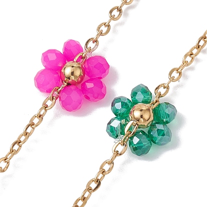 Colorful Glass Beaded Flower Link Chains, with 304 Stainless Steel Cable Chains