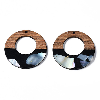 Opaque Resin & Walnut Wood Pendants, with Shell Chips, Two Tone, Donut