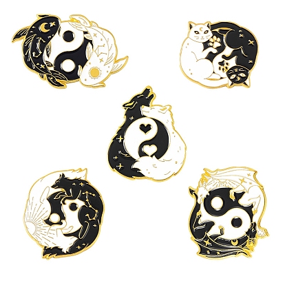 Yin-yang Taichi Black White Animal Lover Enamel Pins, Golden Alloy Brooches for Valentine's Day, Fish/Fox/Wolf