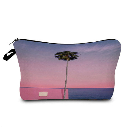 Coconut Tree Pattern Polyester Waterpoof Makeup Storage Bag, Multi-functional Travel Toilet Bag, Clutch Bag with Zipper for Women
