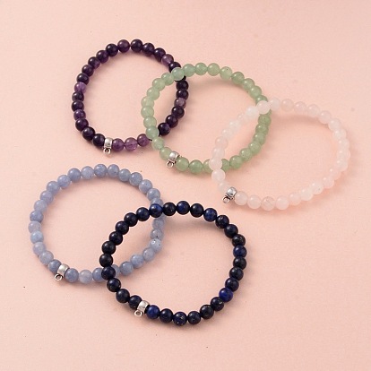 Round Natural Gemstone Beaded Stretch Bracelets, with Antique Silver Plated Alloy Tube Bails