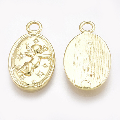 Brass Pendants, Real 18K Gold Plated, Oval with Cupid/Cherub