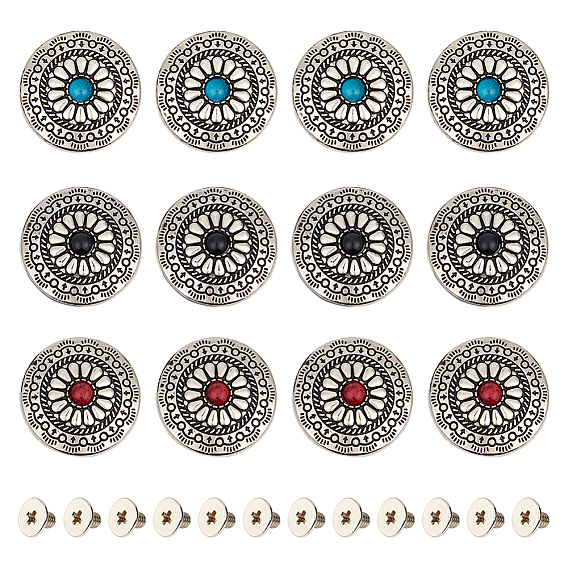 12 наборы 3 цвета сплав и имитация бирюзы ремесло цельный винт заклепка, с железными винтами, плоские круглые с цветочным узором, для поделок багажа и аппаратных принадлежностей