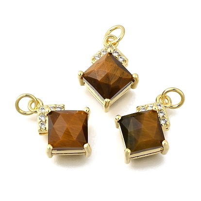 Подвески в форме ромба с огранкой из натурального тигрового глаза, прозрачные кубические циркониевые подвески, с латунной, стойки покрытие, прочное покрытие, без кадмия и без свинца, с целью перехода в кольце